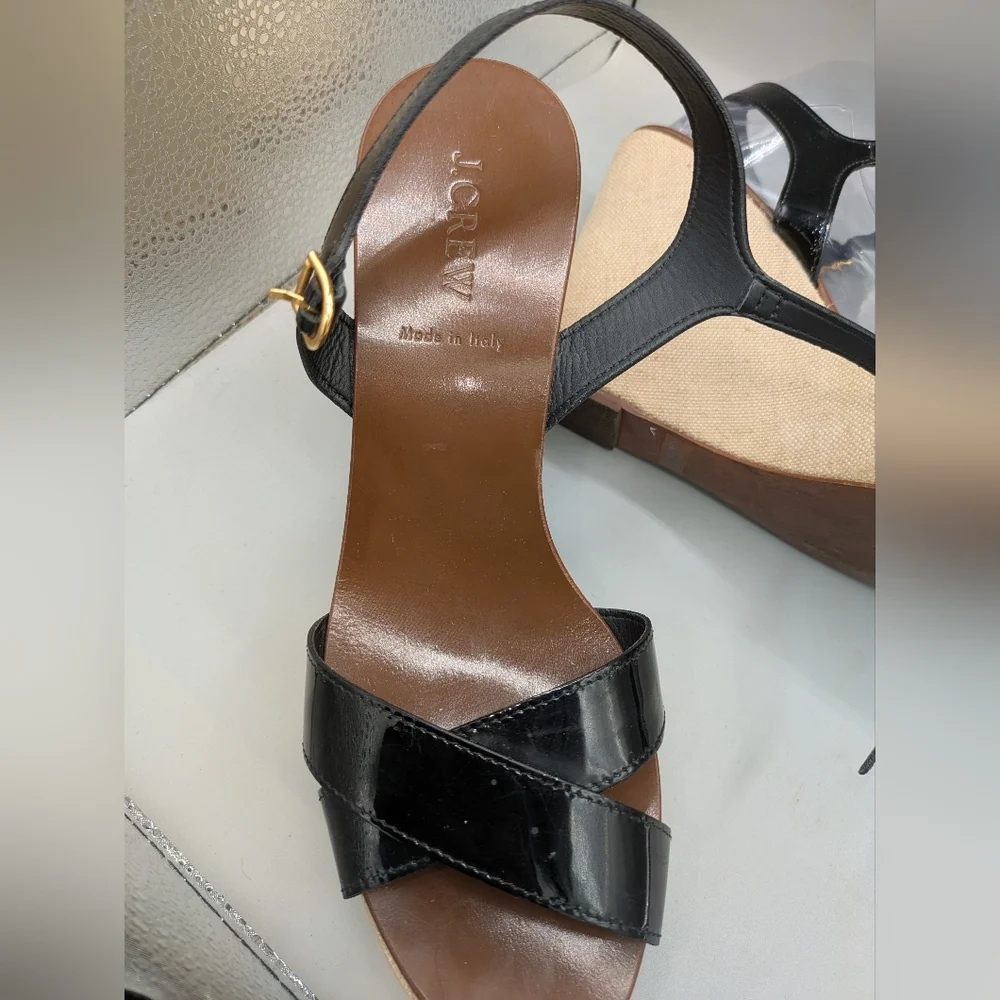 J.Crew LILA Black Patent Leather Strappy Platform Wedge Sandals Made in Italy 9
